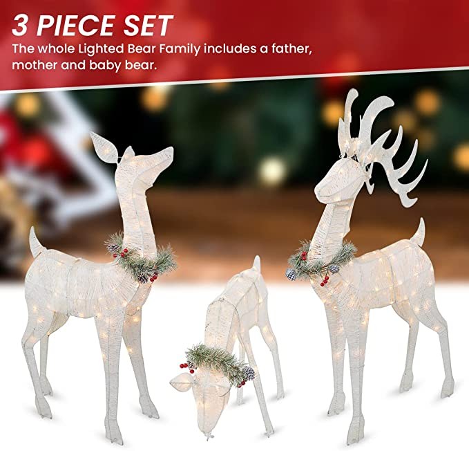 Top Treasures 3 Piece Reindeer Family Lighted Deer Set 210 Lights 52" Buck 44" Doe 28" Fawn Large Deer Family for Indoor or Outdoor Christmas Decorations Yard Art