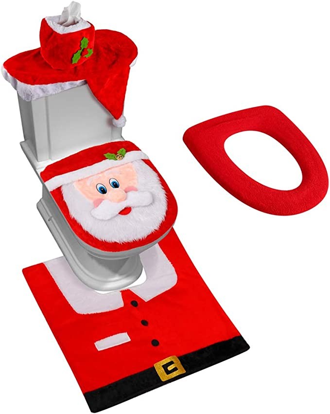 D-FantiX 3D Nose Santa Toilet Seat Cover and Rug Set Funny Christmas Decorations Bathroom Set of