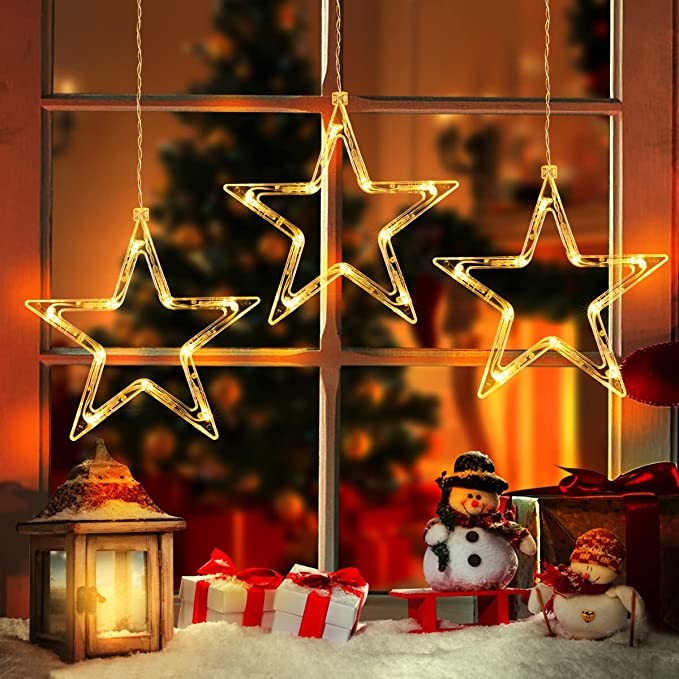 GlobaLink Christmas Star Window Lights, 3Pack 30LEDs Battery Powered Timer Window Star Hanging Lights, Waterproof Backdrop String Lights with 8 Modes for Indoor Outdoor Home Bedroom Party - Warm White